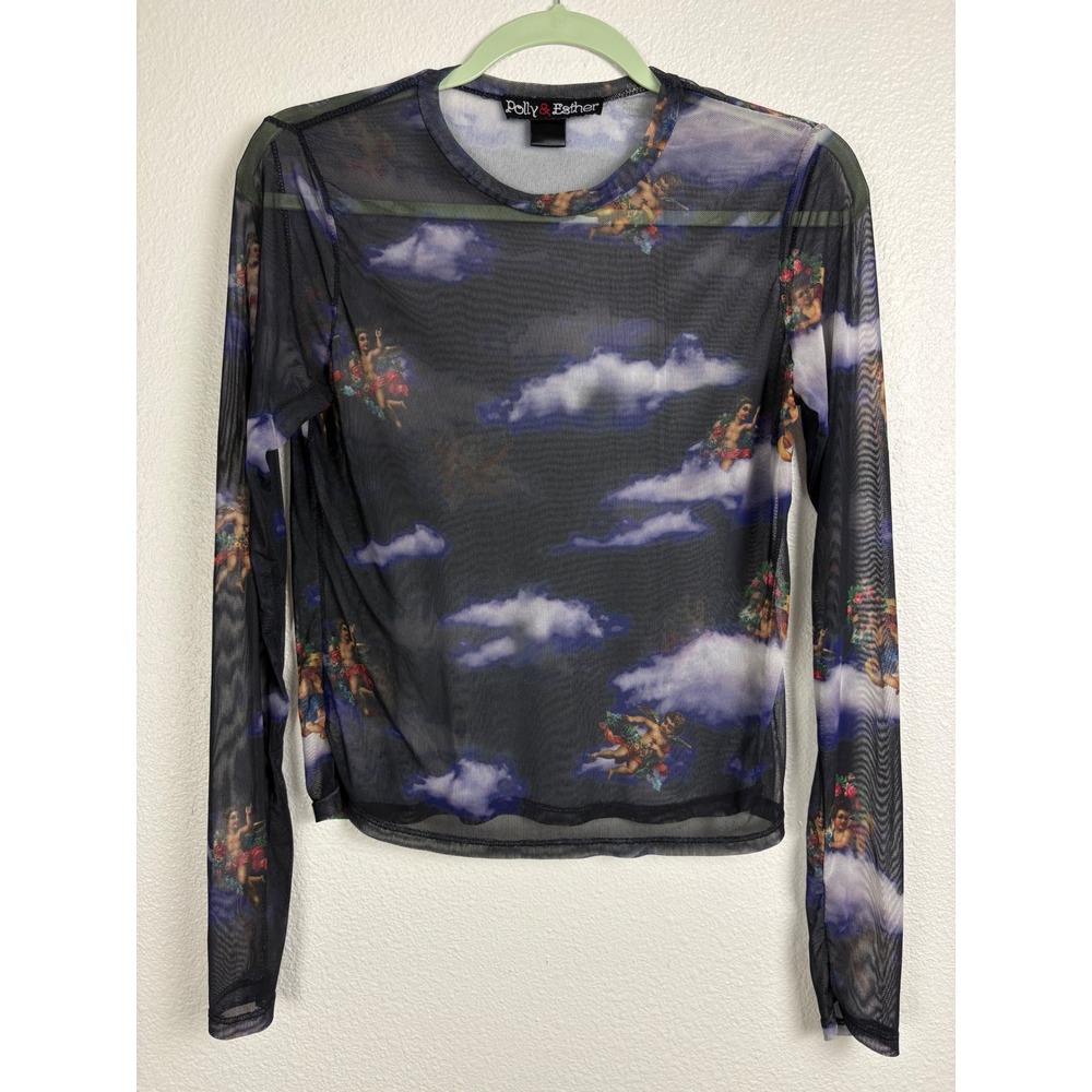 Polly & Esther Sheer Mesh Top Cherub Angel Cloud Print Y2K Whimsigoth Etherial